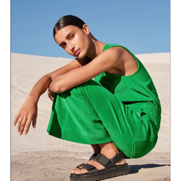 ME+EM 3 Piece Set Toweling Wide Leg Cropped Green Sweatpants Tank Polo 4 Cotton - Picture 2 of 15